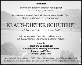 Traueranzeige von Klaus-Dieter Schubert von Allgäuer Zeitung, Füssen