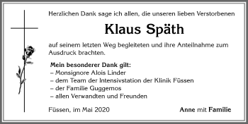 Traueranzeige von Klaus Späth von Allgäuer Zeitung, Füssen
