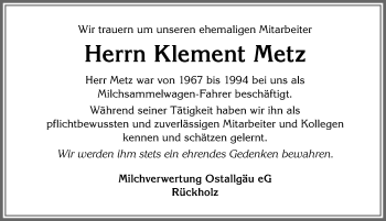 Traueranzeige von Klement Metz von Allgäuer Zeitung, Füssen