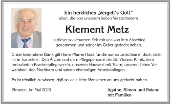 Traueranzeige von Klement Metz von Allgäuer Zeitung, Füssen