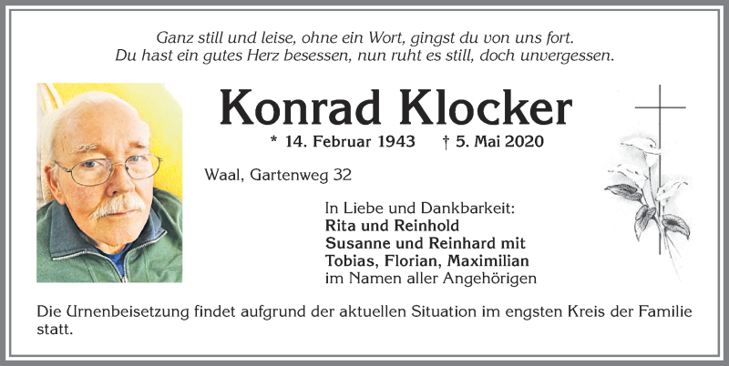  Traueranzeige für Konrad Klocker vom 09.05.2020 aus Allgäuer Zeitung, Kaufbeuren/Buchloe