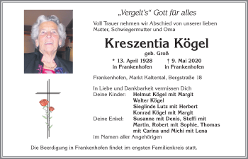 Traueranzeige von Kreszentia Kögel von Allgäuer Zeitung, Kaufbeuren/Buchloe