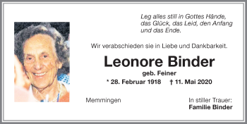 Traueranzeige von Leonore Binder von Memminger Zeitung