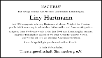 Traueranzeige von Liny Hartmann von Der Westallgäuer