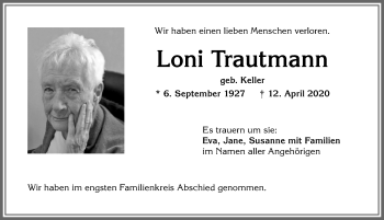 Traueranzeige von Loni Trautmann von Allgäuer Anzeigeblatt