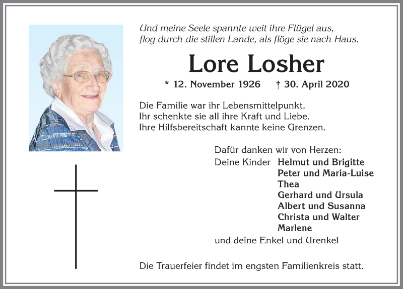  Traueranzeige für Lore Losher vom 04.05.2020 aus Allgäuer Zeitung,Kempten