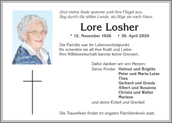 Traueranzeige von Lore Losher von Allgäuer Zeitung,Kempten