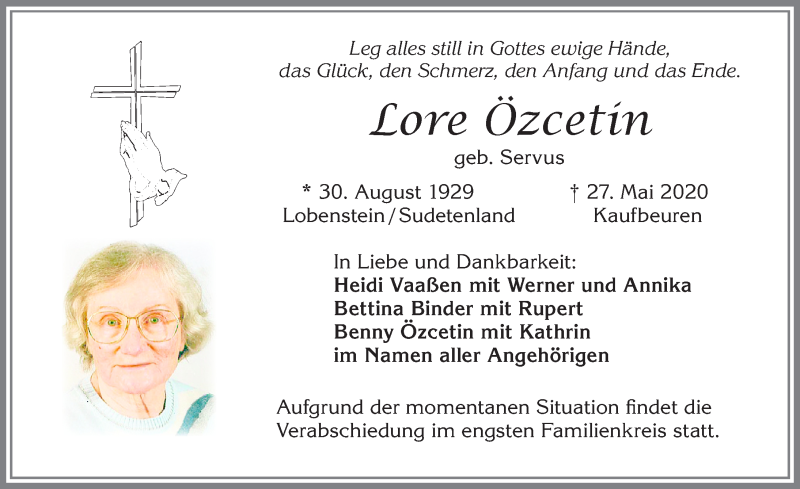  Traueranzeige für Lore Özcetin vom 30.05.2020 aus Allgäuer Zeitung, Kaufbeuren/Buchloe