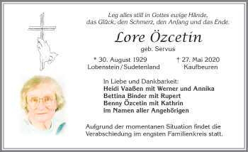 Traueranzeige von Lore Özcetin von Allgäuer Zeitung, Kaufbeuren/Buchloe