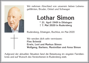 Traueranzeige von Lothar Simon von Allgäuer Zeitung, Kaufbeuren/Buchloe