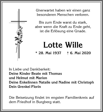 Traueranzeige von Lotte Wille von Allgäuer Anzeigeblatt
