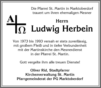 Traueranzeige von Ludwig Herbein von Allgäuer Zeitung, Marktoberdorf