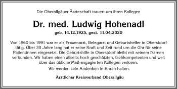 Traueranzeige von Ludwig Hohenadl von Allgäuer Anzeigeblatt