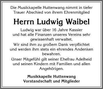 Traueranzeige von Ludwig Waibel von Allgäuer Zeitung, Marktoberdorf