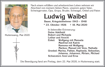 Traueranzeige von Ludwig Waibel von Allgäuer Zeitung