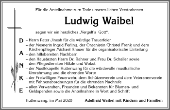 Traueranzeige von Ludwig Waibel von Allgäuer Zeitung