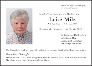 Traueranzeige von Luise Milz von Der Westallgäuer