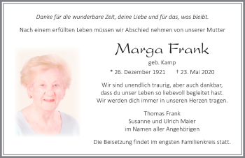 Traueranzeige von Marga Frank von Allgäuer Zeitung, Füssen