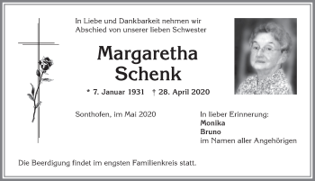 Traueranzeige von Margaretha Schenk von Allgäuer Anzeigeblatt
