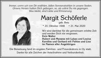 Traueranzeige von Margit Schöferle von Allgäuer Zeitung,Kempten