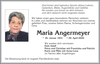 Traueranzeige von Maria Angermeyer von Allgäuer Zeitung,Kempten