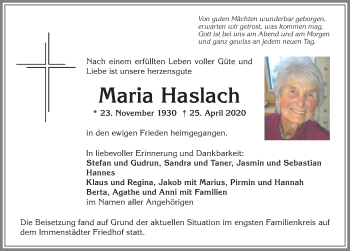 Traueranzeige von Maria Haslach von Allgäuer Anzeigeblatt