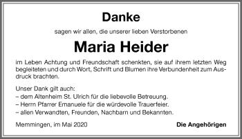 Traueranzeige von Maria Heider von Memminger Zeitung