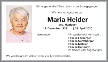 Traueranzeige von Maria Heider von Memminger Zeitung
