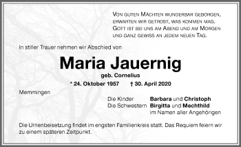 Traueranzeige von Maria Jauernig von Memminger Zeitung