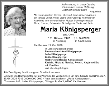 Traueranzeige von Maria Königsperger von Allgäuer Zeitung, Kaufbeuren/Buchloe