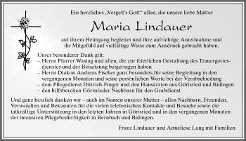 Traueranzeige von Maria Lindauer von Allgäuer Zeitung, Marktoberdorf