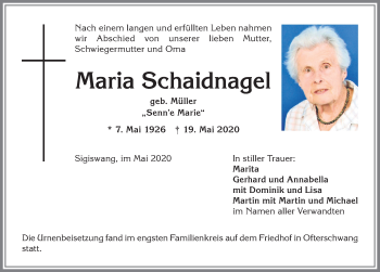 Traueranzeige von Maria Schaidnagel von Allgäuer Anzeigeblatt