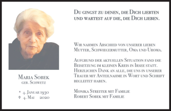 Traueranzeige von Maria Sobek von Allgäuer Zeitung, Kaufbeuren/Buchloe