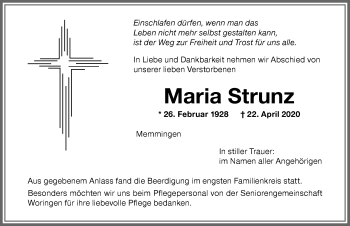 Traueranzeige von Maria Strunz von Memminger Zeitung
