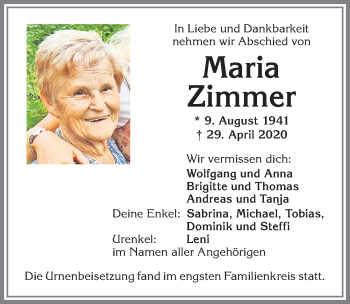 Traueranzeige von Maria Zimmer von Allgäuer Zeitung,Kempten