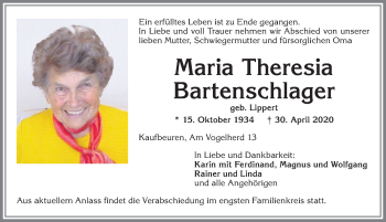 Traueranzeige von Maria Theresia Bartenschlager von Allgäuer Zeitung, Kaufbeuren/Buchloe