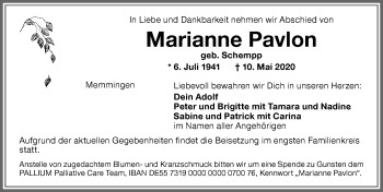Traueranzeige von Marianne Pavlon von Memminger Zeitung