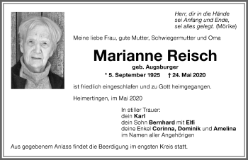 Traueranzeige von Marianne Reisch von Memminger Zeitung