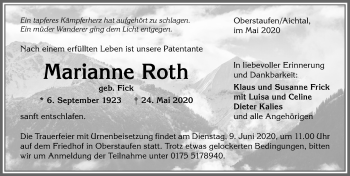 Traueranzeige von Marianne Roth von Allgäuer Anzeigeblatt