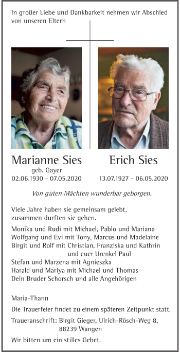 Traueranzeige von Marianne Sies von Der Westallgäuer