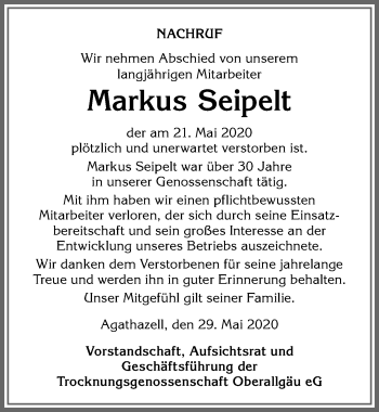 Traueranzeige von Markus Seipelt von Allgäuer Anzeigeblatt