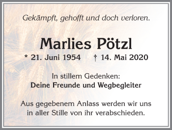 Traueranzeige von Marlies Pötzl von Allgäuer Zeitung, Marktoberdorf