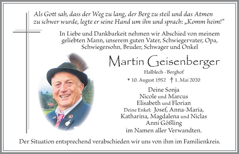  Traueranzeige für Martin Geisenberger vom 05.05.2020 aus Allgäuer Zeitung, Füssen