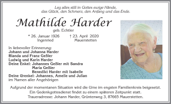Traueranzeige von Mathilde Harder von Allgäuer Zeitung