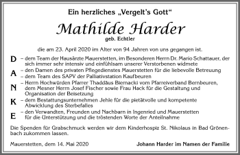 Traueranzeige von Mathilde Harder von Allgäuer Zeitung, Kaufbeuren/Buchloe