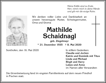 Traueranzeige von Mathilde Schaidnagl von Allgäuer Anzeigeblatt