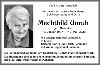 Traueranzeige von Mechthild Unruh von Allgäuer Zeitung, Marktoberdorf