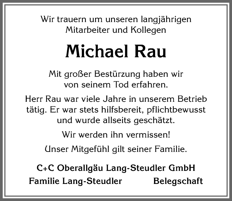  Traueranzeige für Michael Rau vom 19.05.2020 aus Allgäuer Zeitung