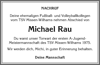Traueranzeige von Michael Rau von Allgäuer Anzeigeblatt
