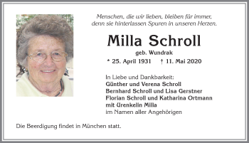 Traueranzeige von Milla Schroll von Allgäuer Zeitung, Kaufbeuren/Buchloe